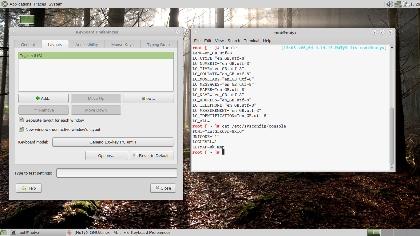 NuTyX desktop screenshot: 10.0 configuring keyboard