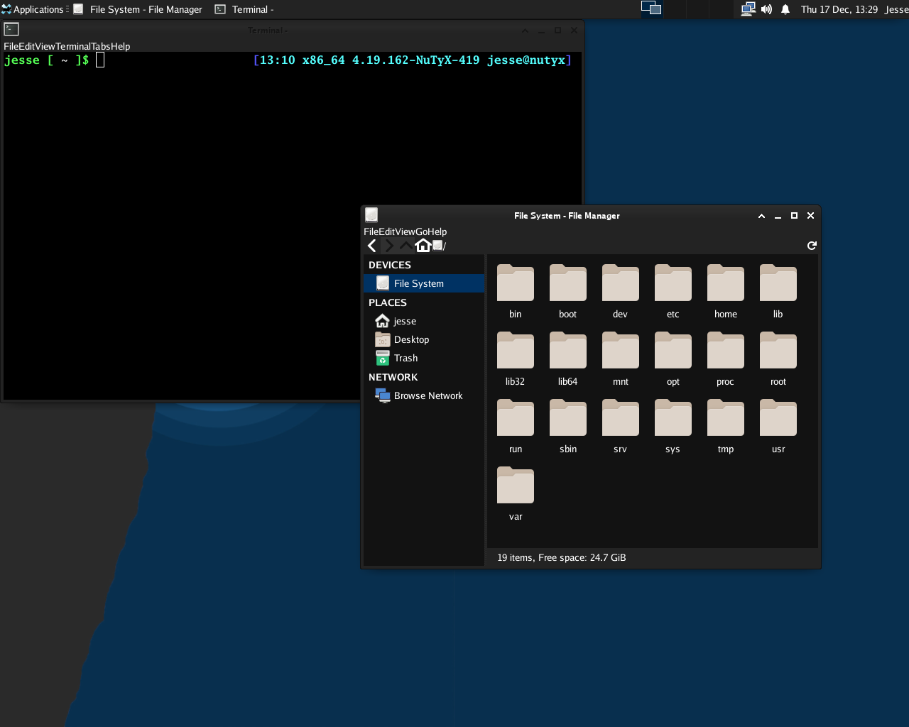 NuTyX desktop screenshot: 20.12.0 thunar terminal