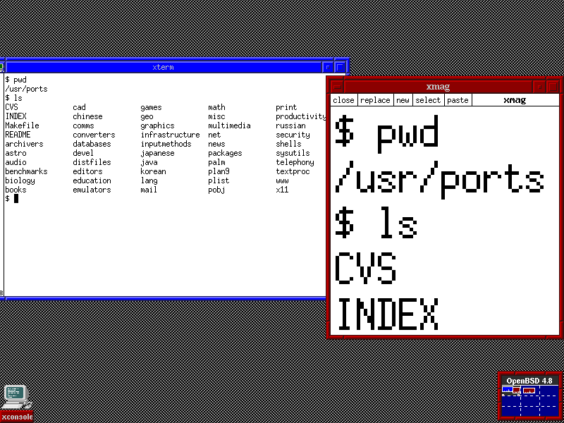 OpenBSD desktop screenshot: 4.8 screenmag