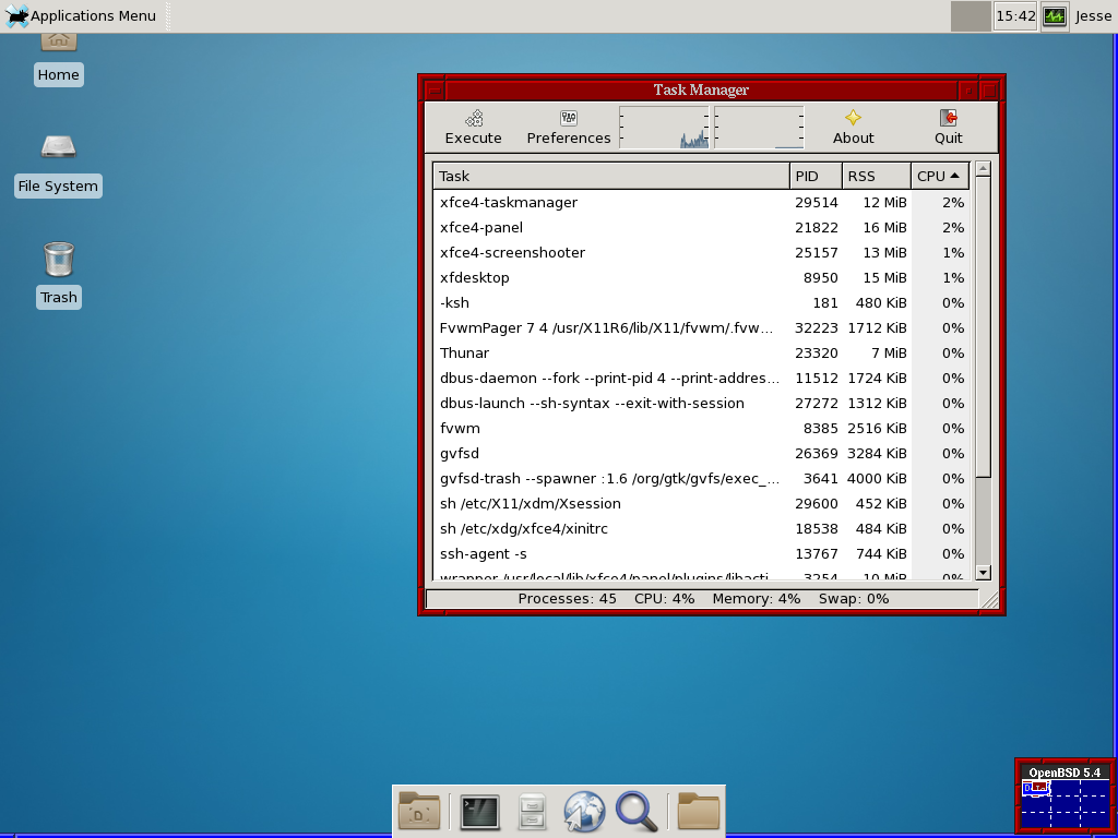 OpenBSD desktop screenshot: 5.4 xfce