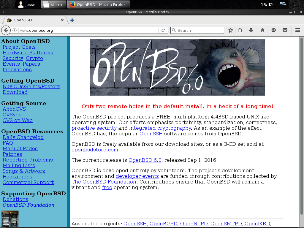 OpenBSD desktop screenshot: 6.0 firefox