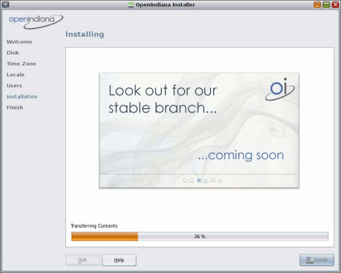 OpenIndiana desktop screenshot: 148 installing