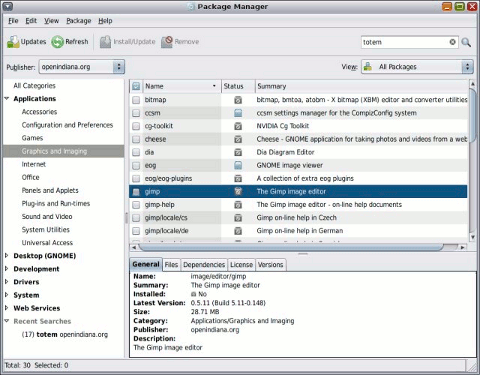 OpenIndiana desktop screenshot: 148 package manager