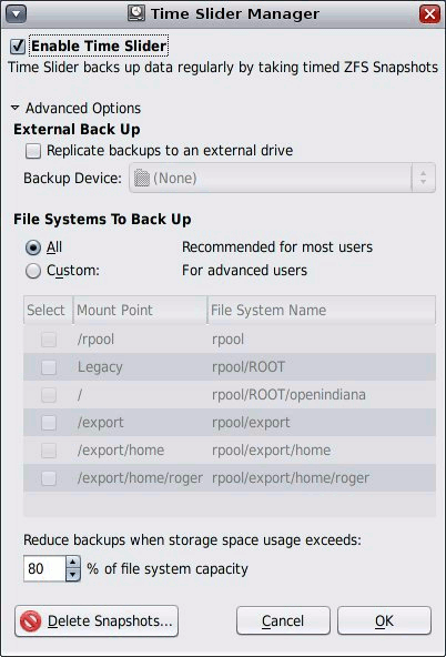 OpenIndiana desktop screenshot: 148 time slider
