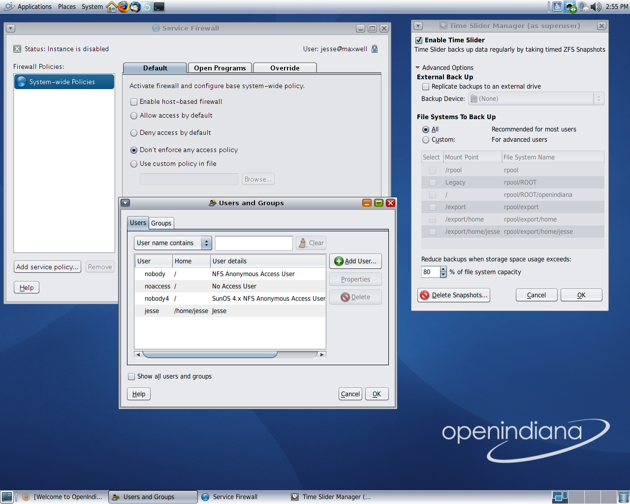 OpenIndiana desktop screenshot: 151 admin