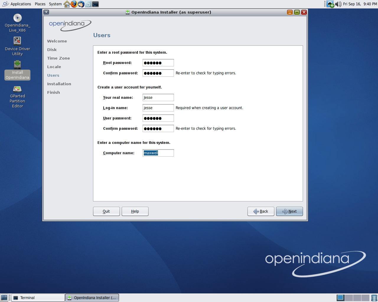 OpenIndiana desktop screenshot: 151 installer