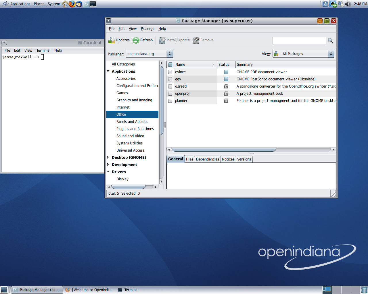 OpenIndiana desktop screenshot: 151 packages