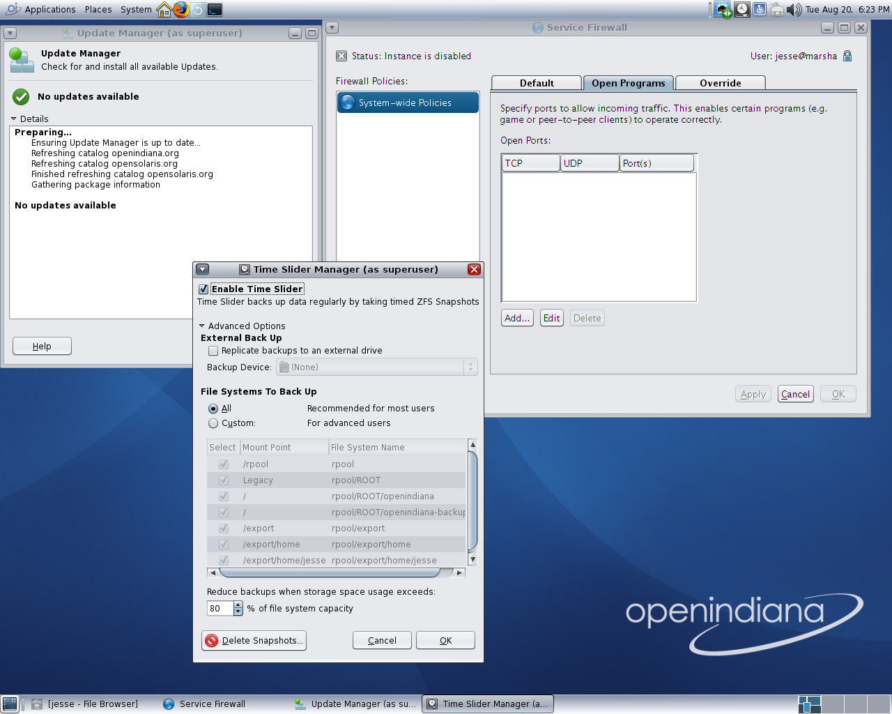 OpenIndiana desktop screenshot: 151a8 admin
