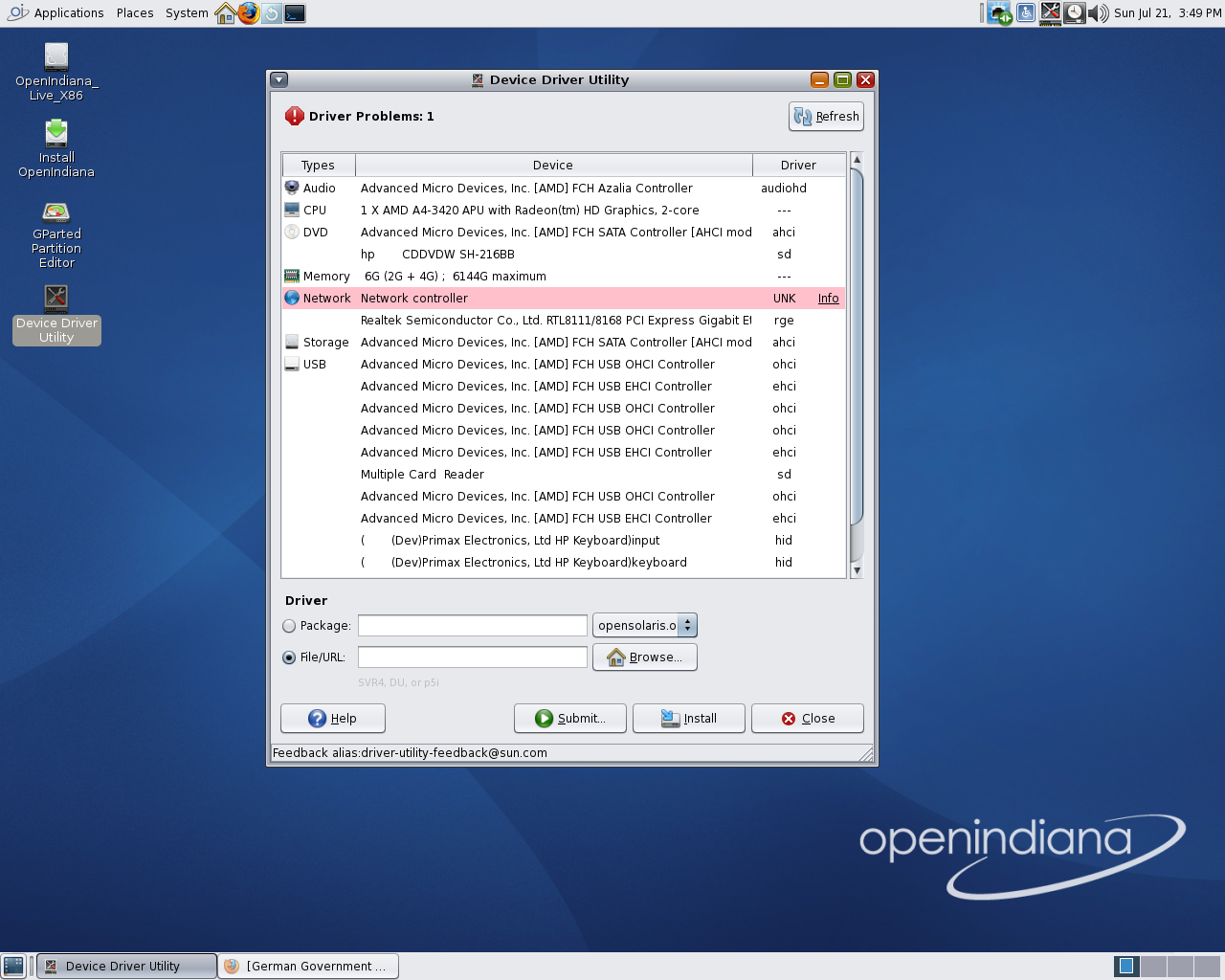 OpenIndiana desktop screenshot: 151a8 drivers