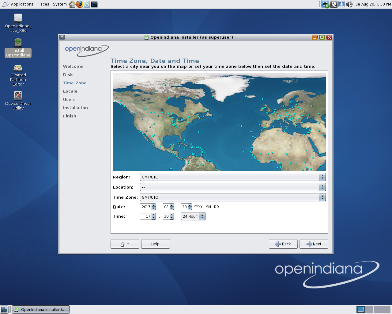 OpenIndiana desktop screenshot: 151a8 installer