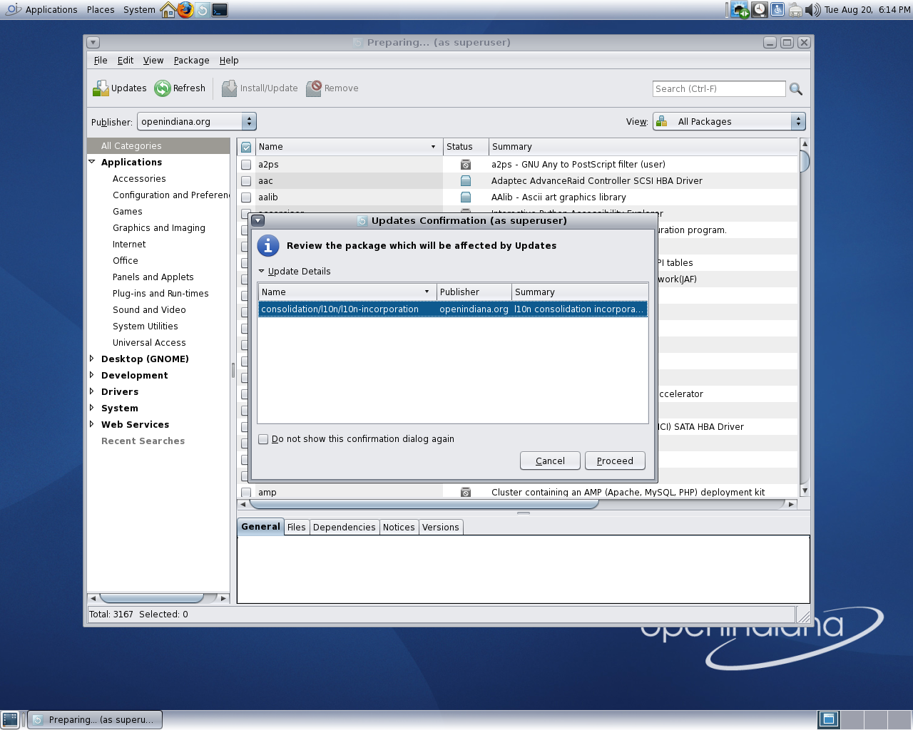 OpenIndiana desktop screenshot: 151a8 packages