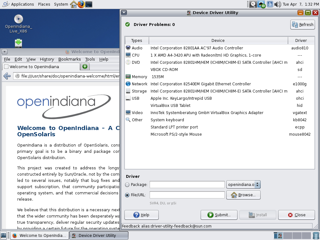 OpenIndiana desktop screenshot: 2015.03 drivers