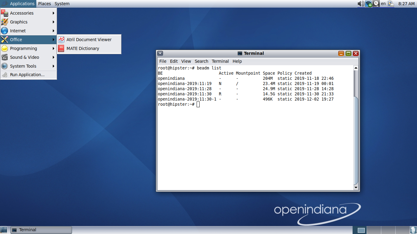 OpenIndiana desktop screenshot: 2019.10 beadm list