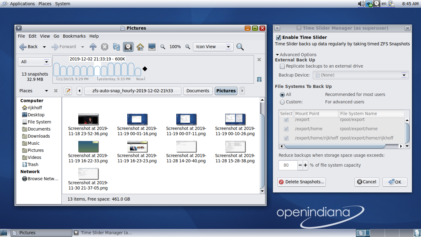 OpenIndiana desktop screenshot: 2019.10 caja time slider
