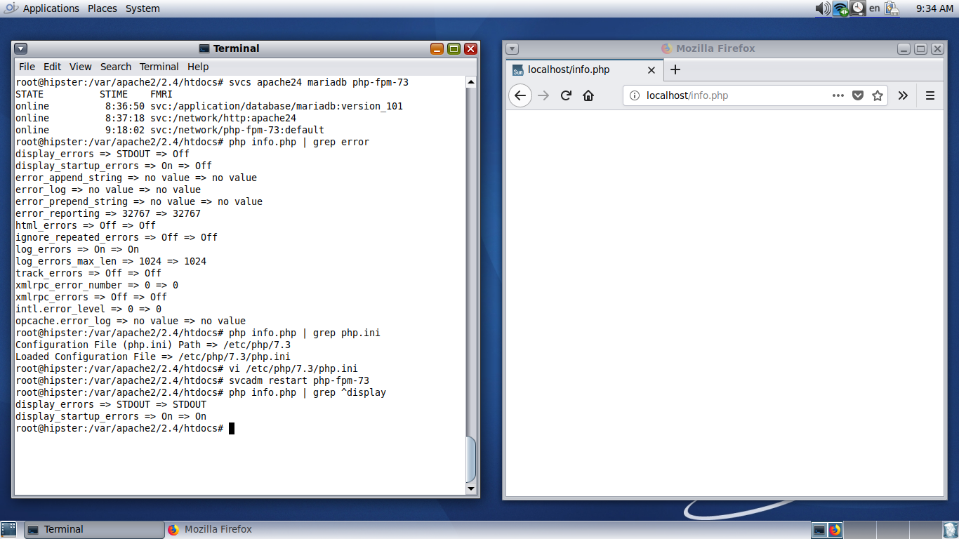 OpenIndiana desktop screenshot: 2019.10 debugging php