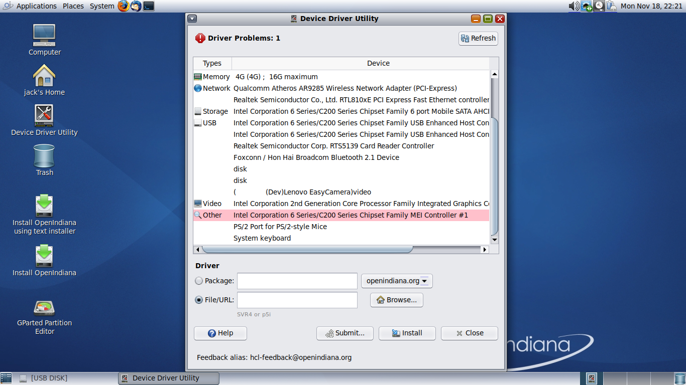 OpenIndiana desktop screenshot: 2019.10 device driver utility