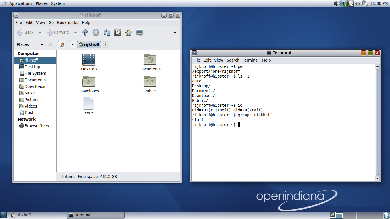 OpenIndiana desktop screenshot: 2019.10 file structure