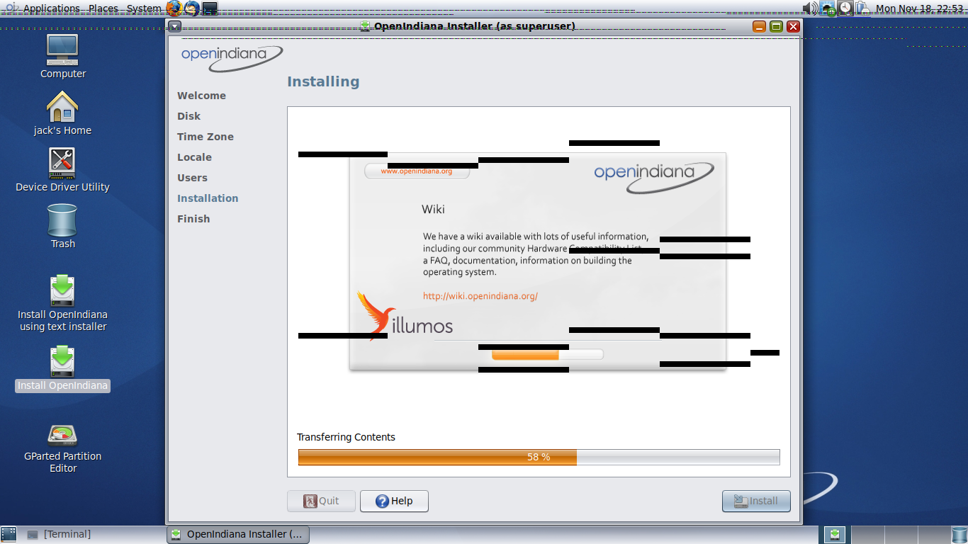 OpenIndiana desktop screenshot: 2019.10 installer