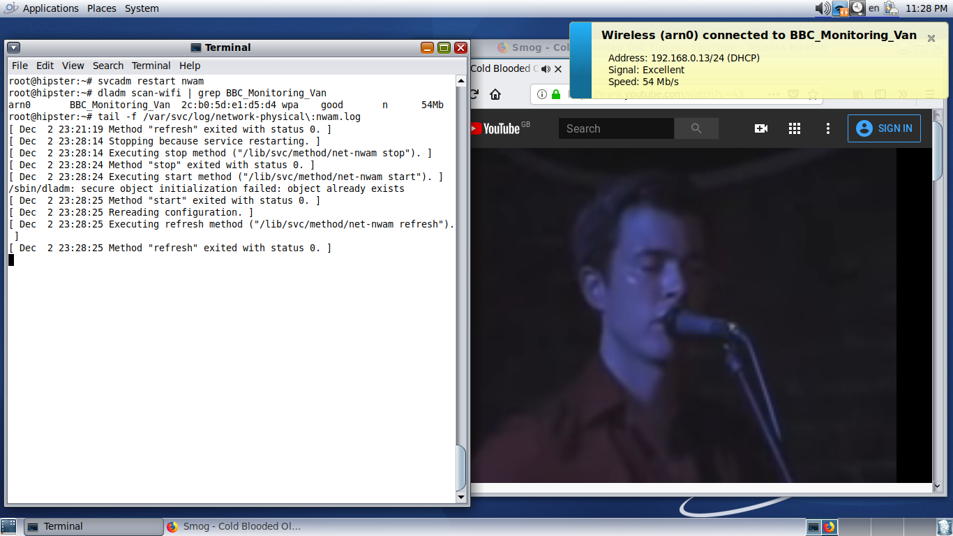 OpenIndiana desktop screenshot: 2019.10 wifi troubles