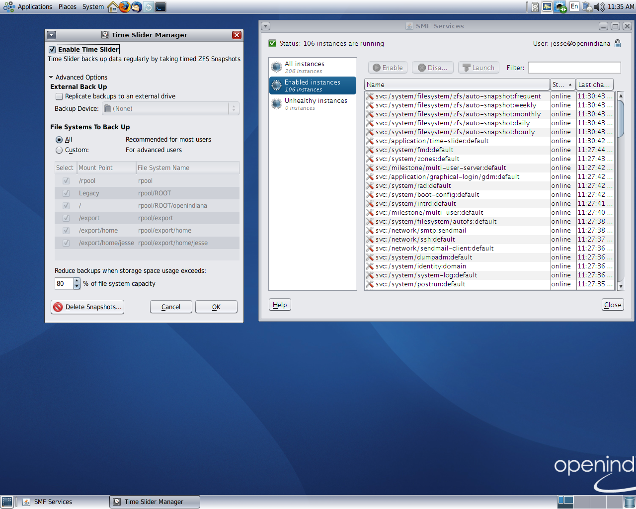 OpenIndiana desktop screenshot: dev 147 admin
