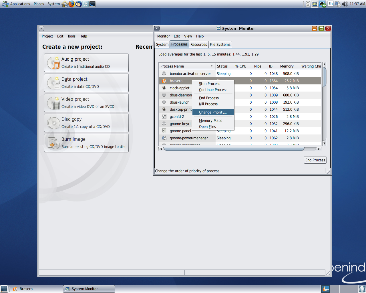 OpenIndiana desktop screenshot: dev 147 processes
