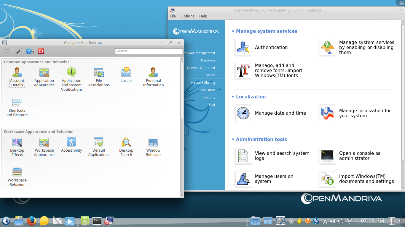OpenMandriva desktop screenshot: 2013.0 configure