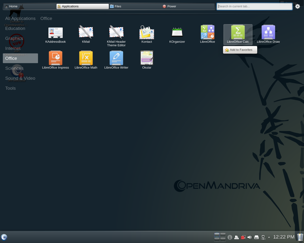 OpenMandriva desktop screenshot: 2014.0 menu