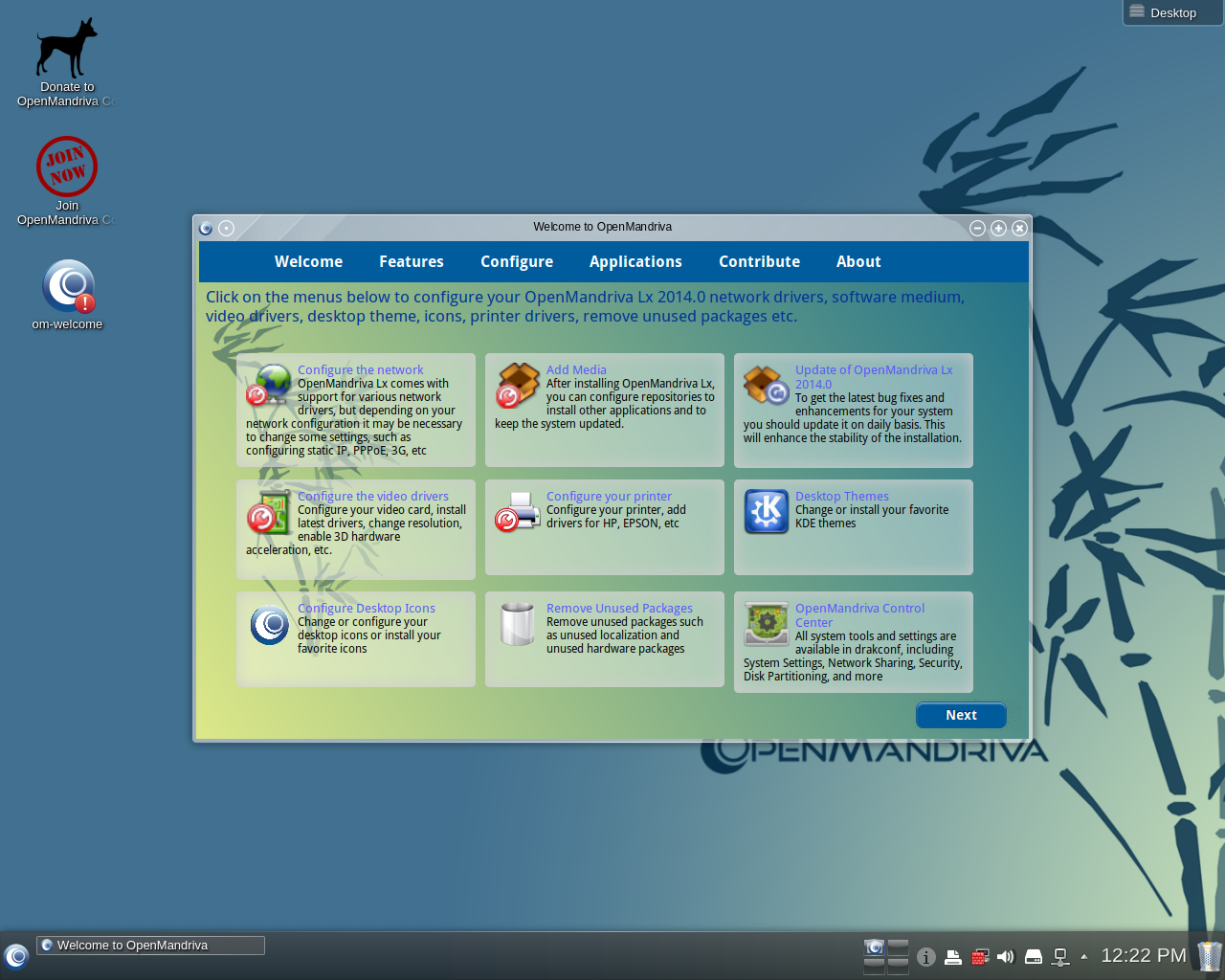 OpenMandriva desktop screenshot: 2014.0 welcome