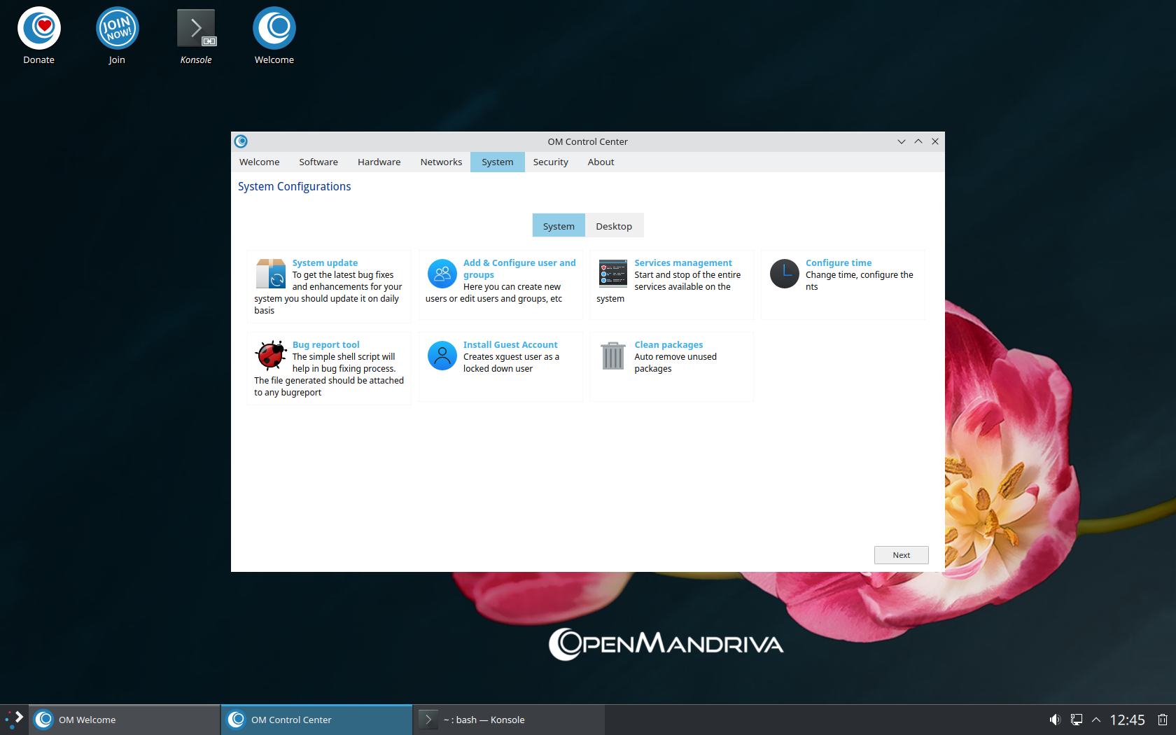 OpenMandriva desktop screenshot: 23.01 configure