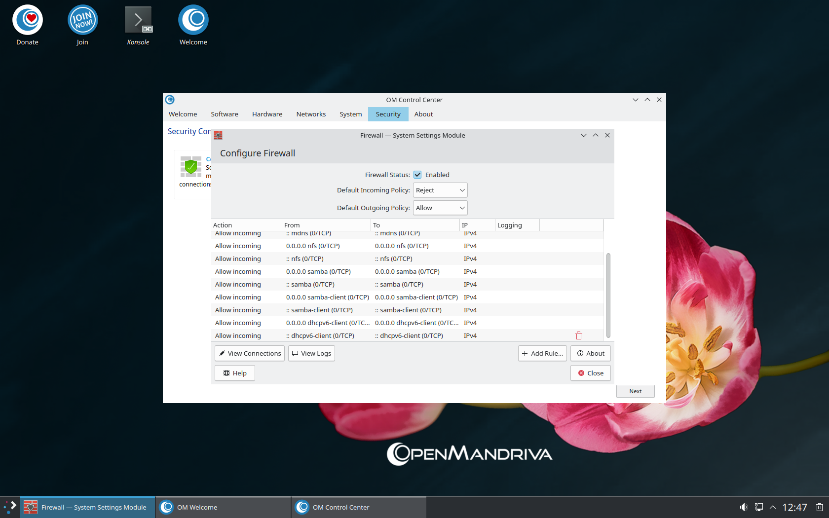 OpenMandriva desktop screenshot: 23.01 firewall