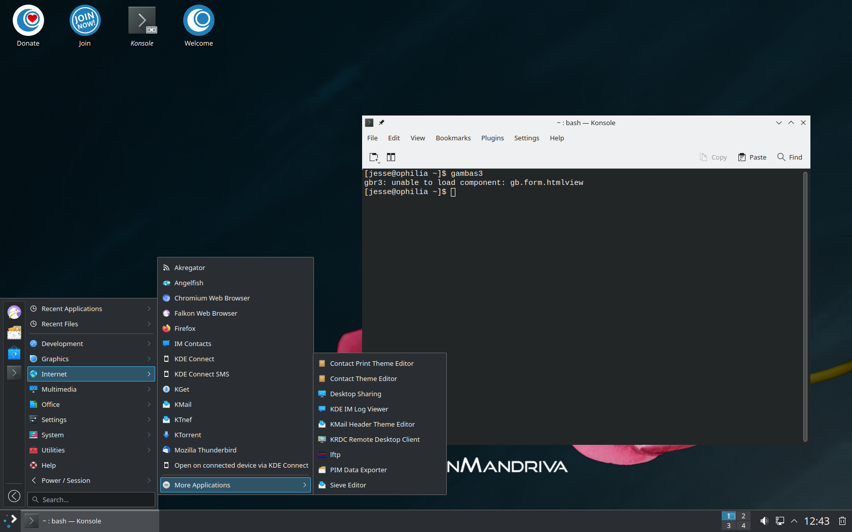 OpenMandriva desktop screenshot: 23.01 menu