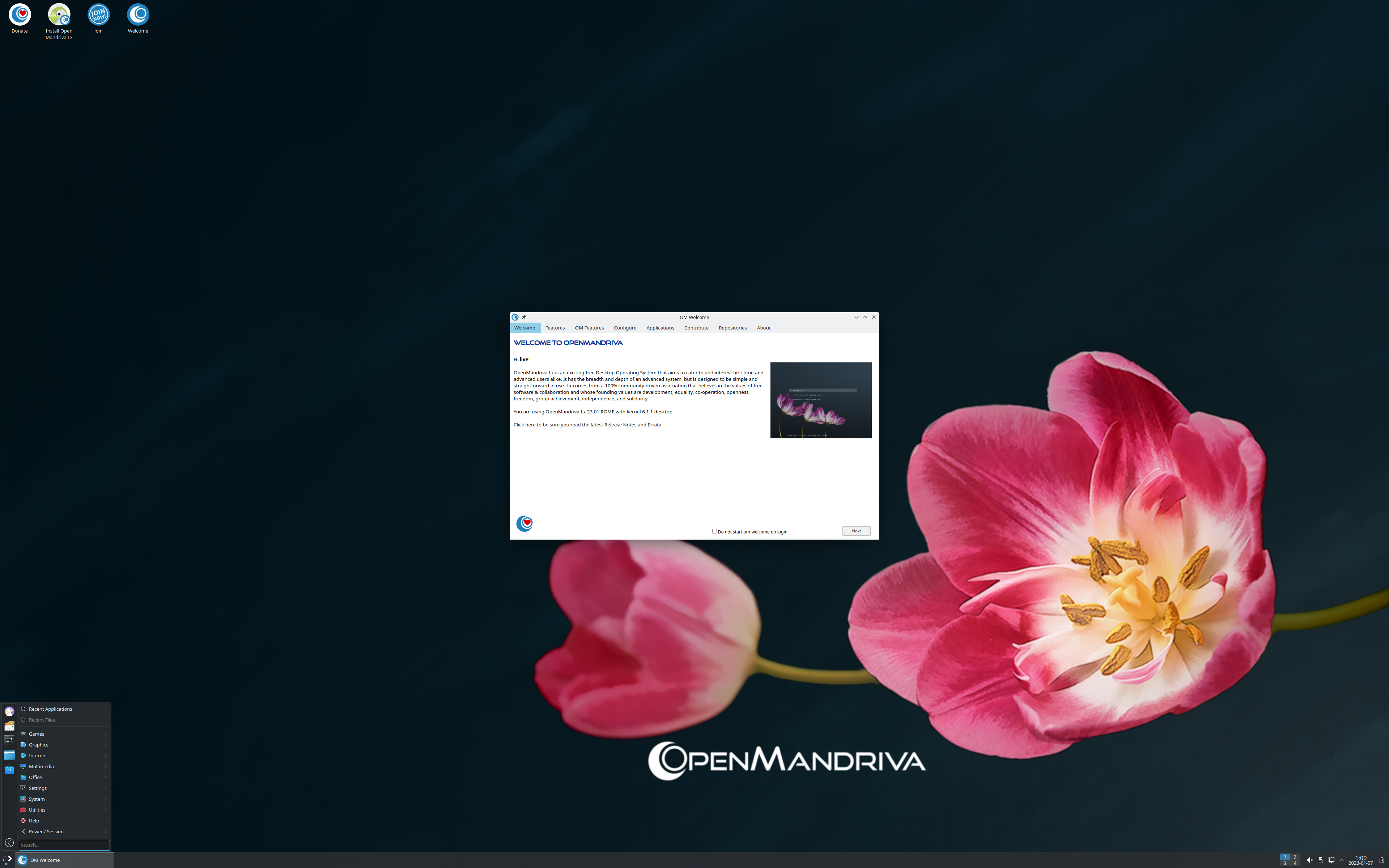 OpenMandriva desktop screenshot: 23.01 rome kde