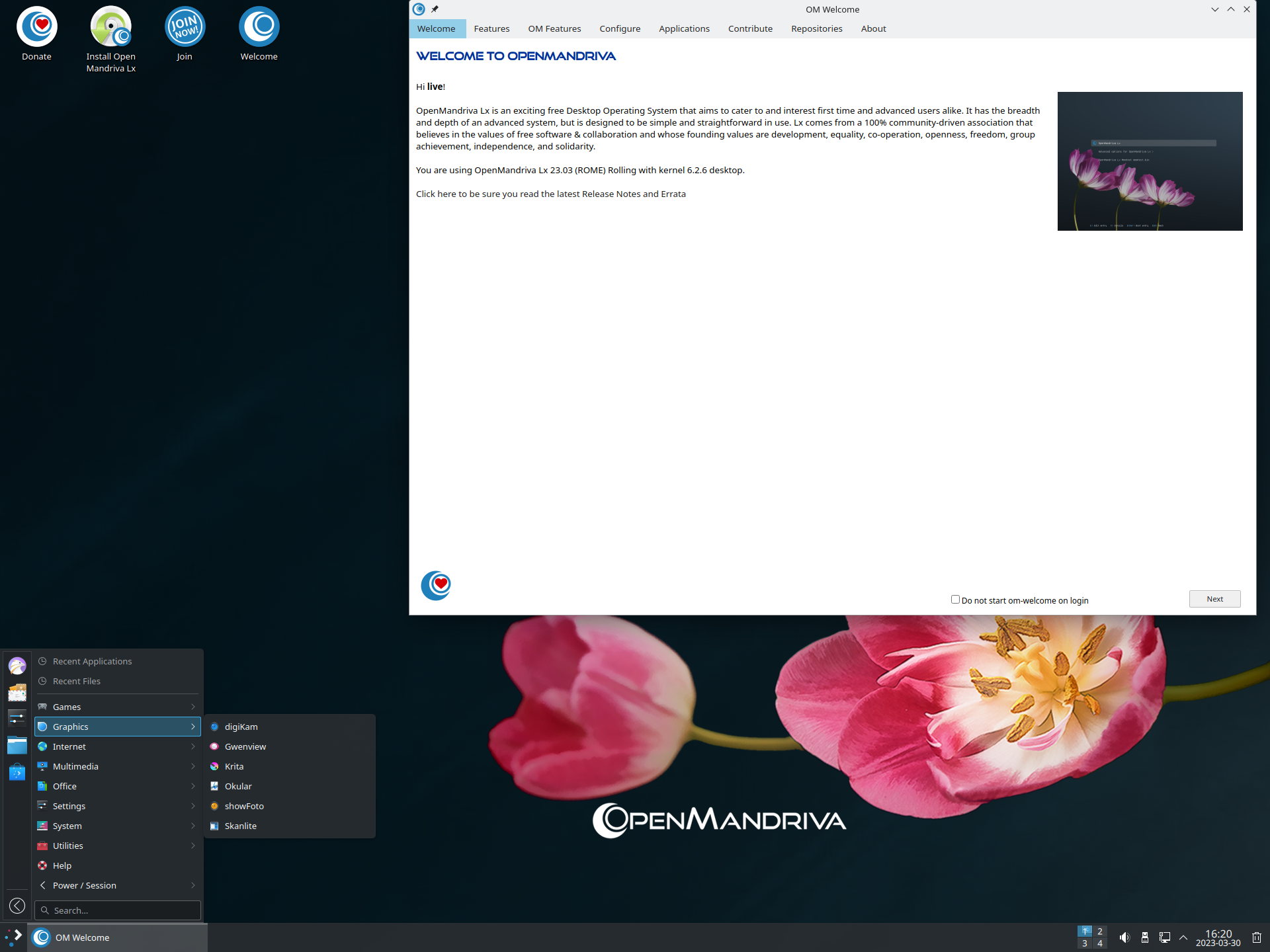 OpenMandriva desktop screenshot: 23.03 rome