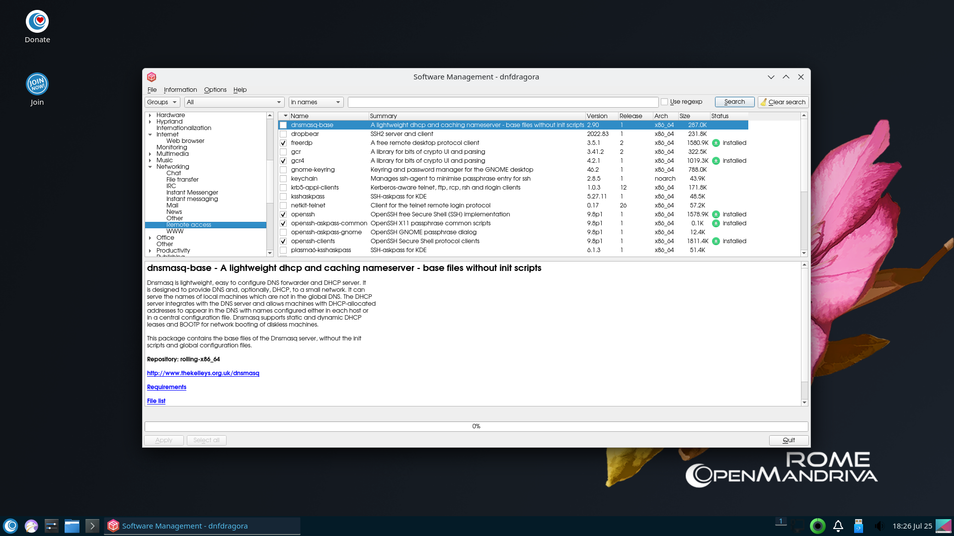 OpenMandriva desktop screenshot: 24.07 dnfdragora