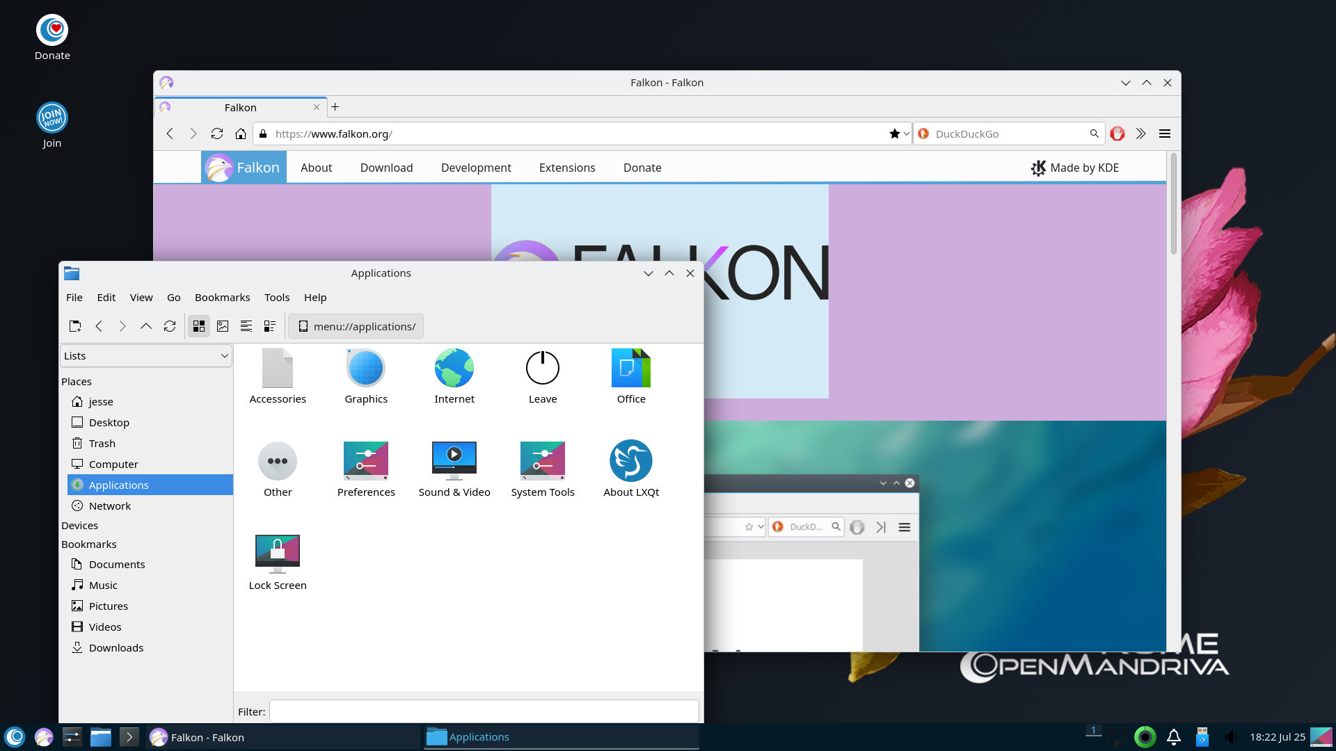 OpenMandriva desktop screenshot: 24.07 falkon