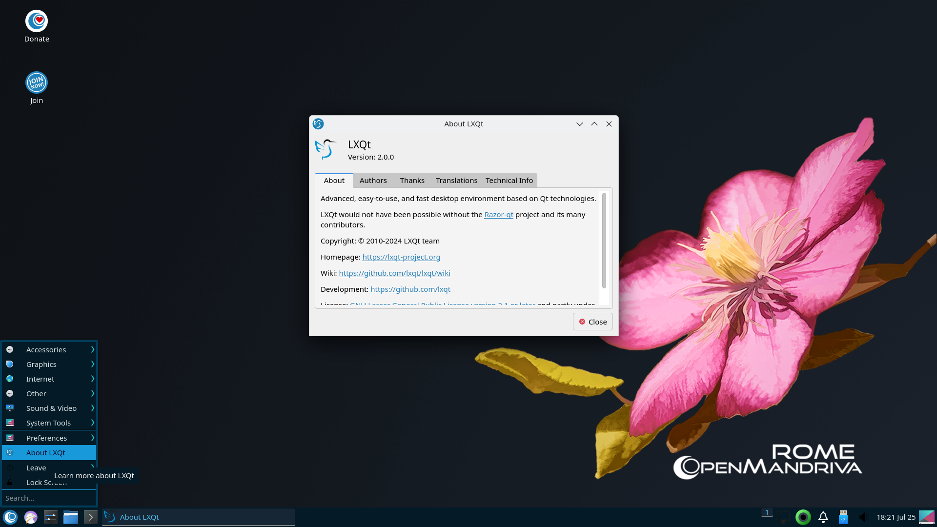 OpenMandriva desktop screenshot: 24.07 lxqt