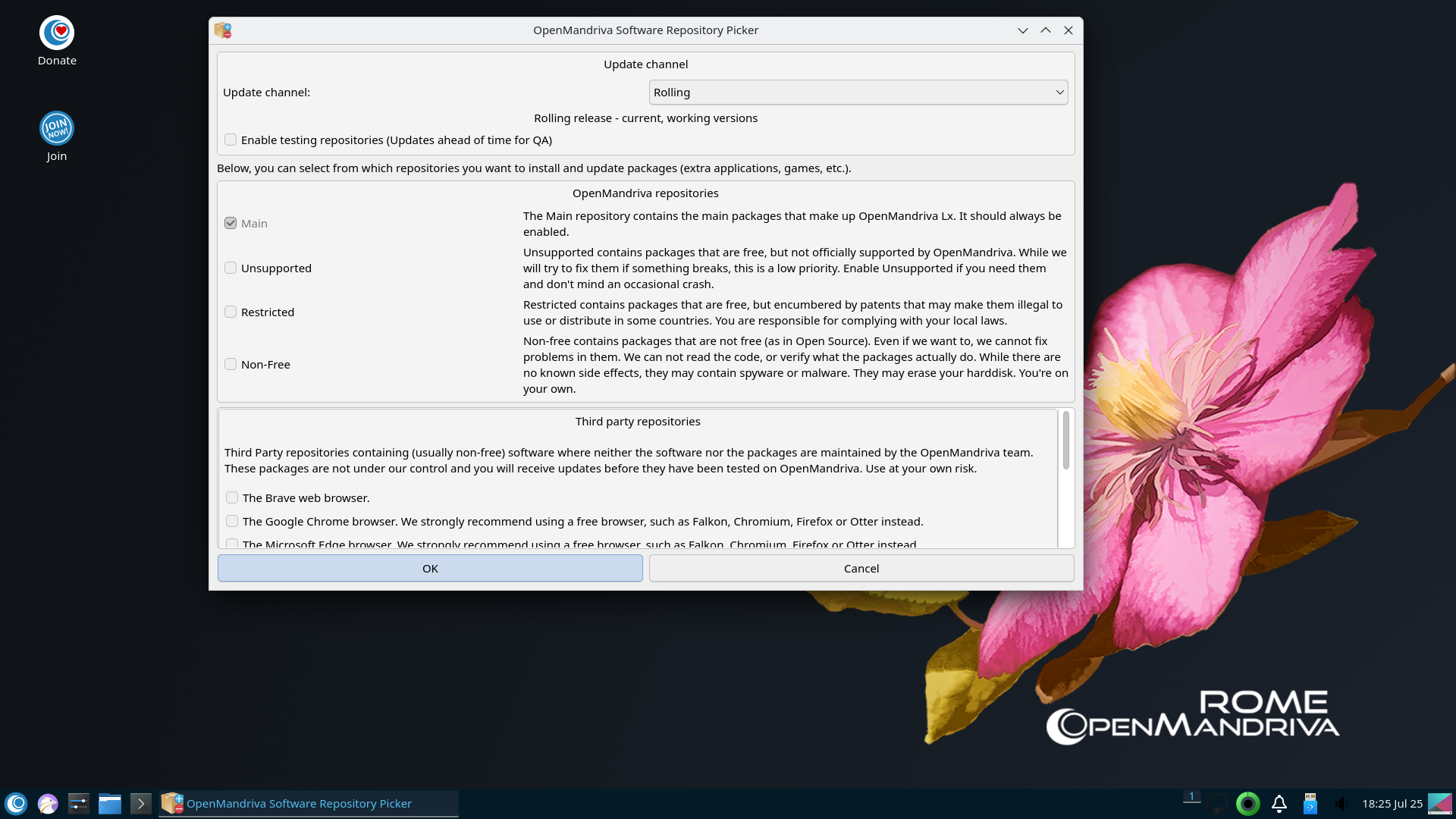 OpenMandriva desktop screenshot: 24.07 repositories