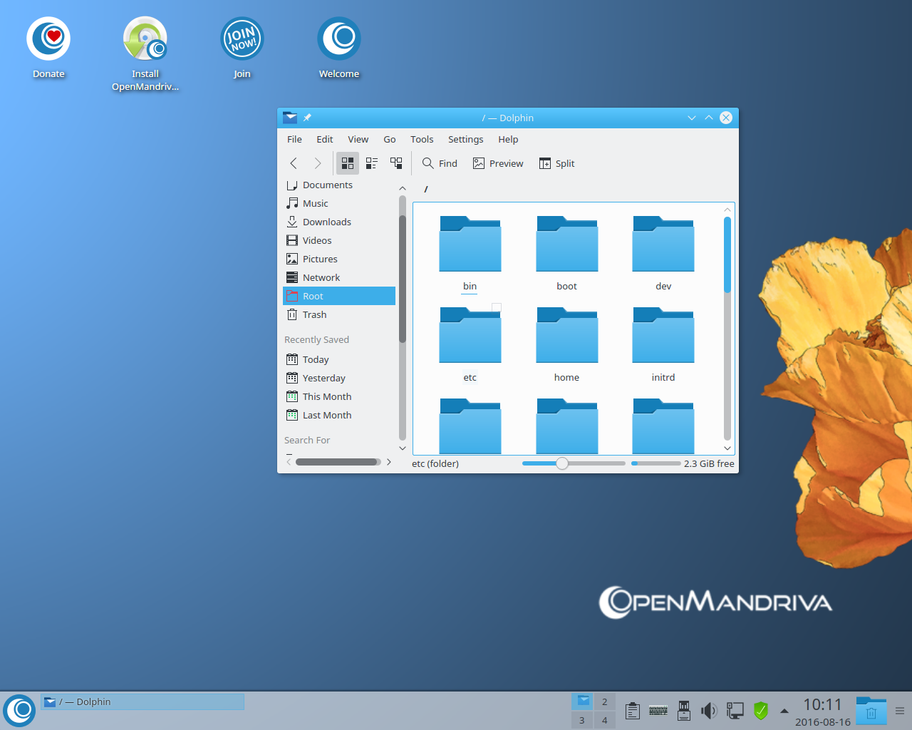 OpenMandriva desktop screenshot: 3.0 icons