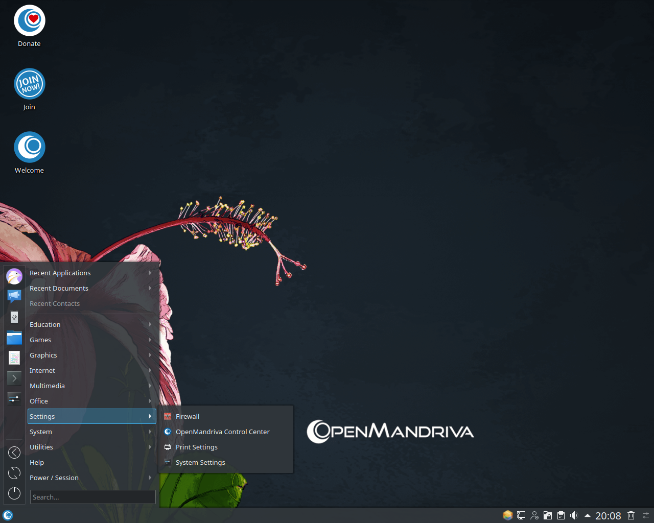 OpenMandriva desktop screenshot: 4.0 menu