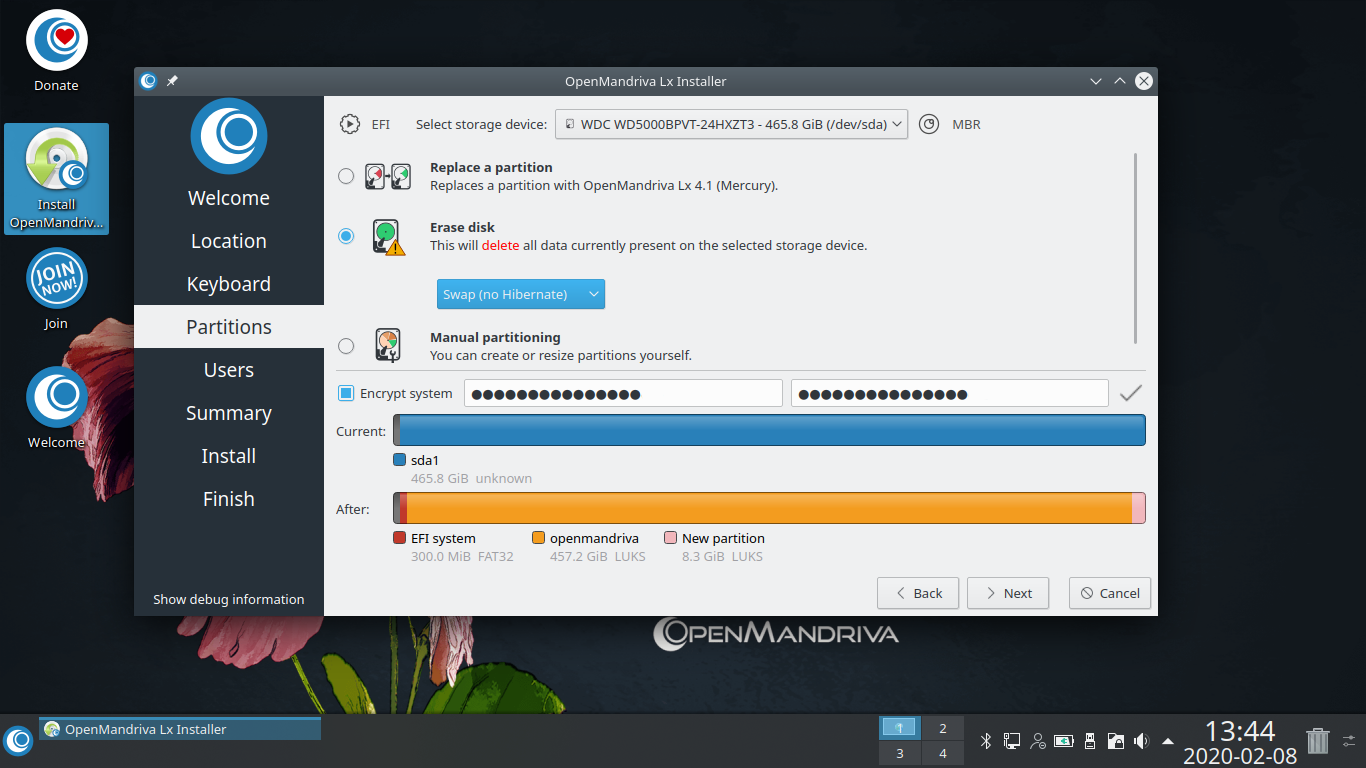 OpenMandriva desktop screenshot: 4.1 calamares partitioning
