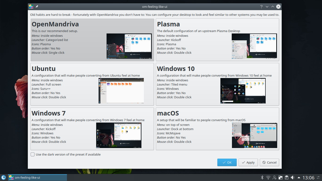 OpenMandriva desktop screenshot: 4.1 desktop presets