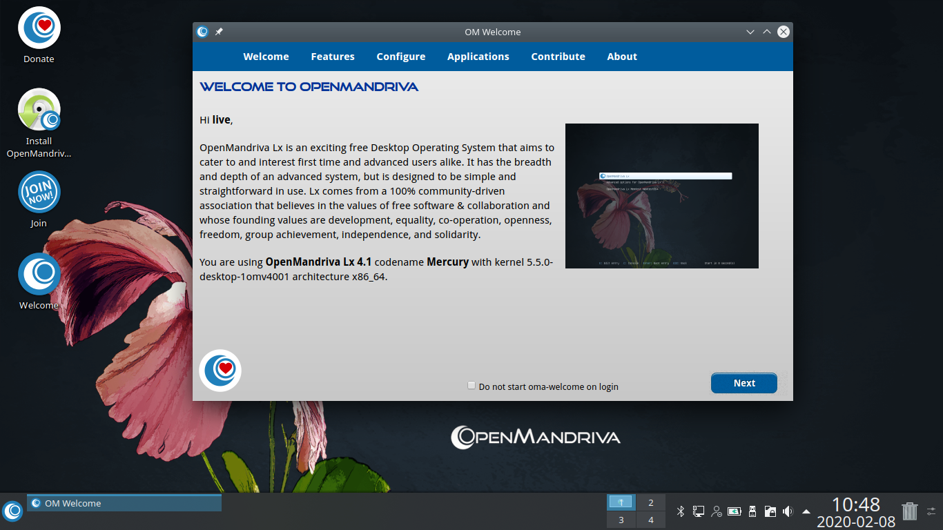 OpenMandriva desktop screenshot: 4.1 live environment