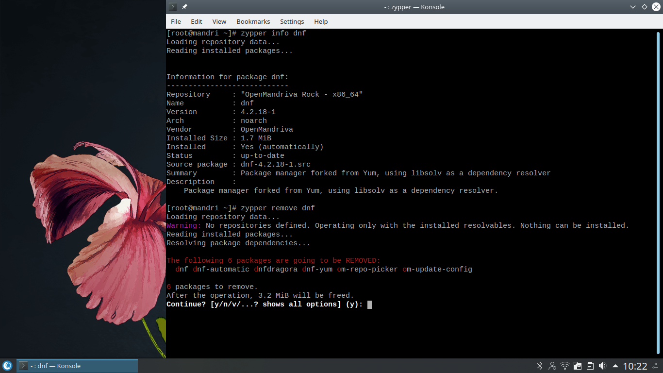 OpenMandriva desktop screenshot: 4.1 removing dnf