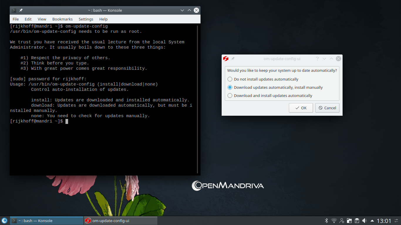 OpenMandriva desktop screenshot: 4.1 update configuration
