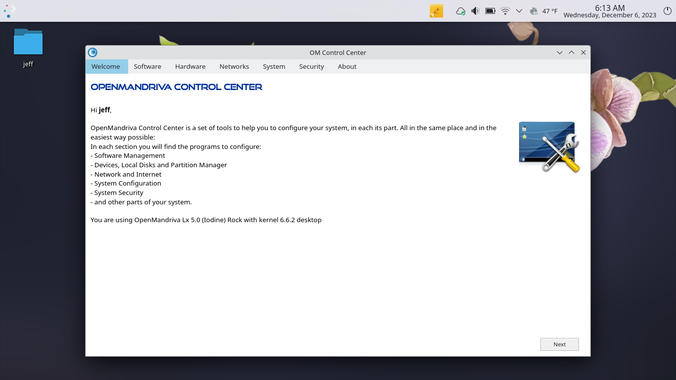 OpenMandriva desktop screenshot: 5.0 controlcenter