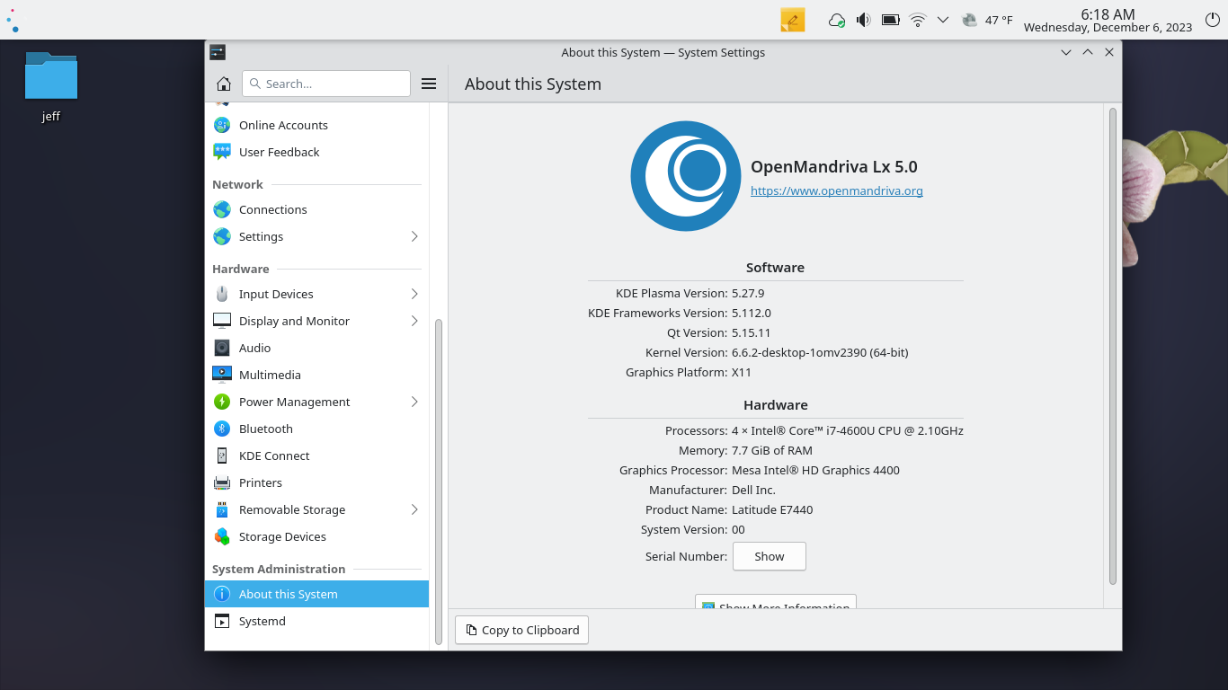 OpenMandriva desktop screenshot: 5.0 systeminfo