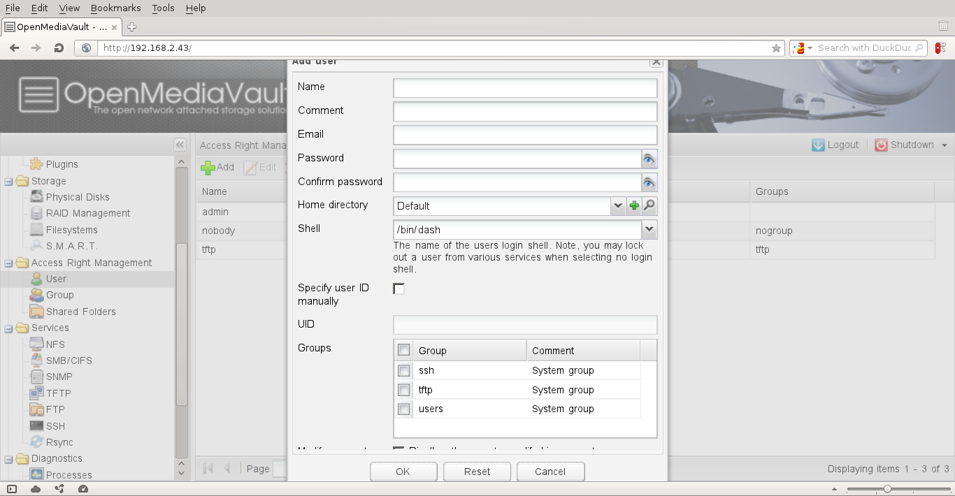 OpenMediaVault desktop screenshot: 0.2.5 accounts
