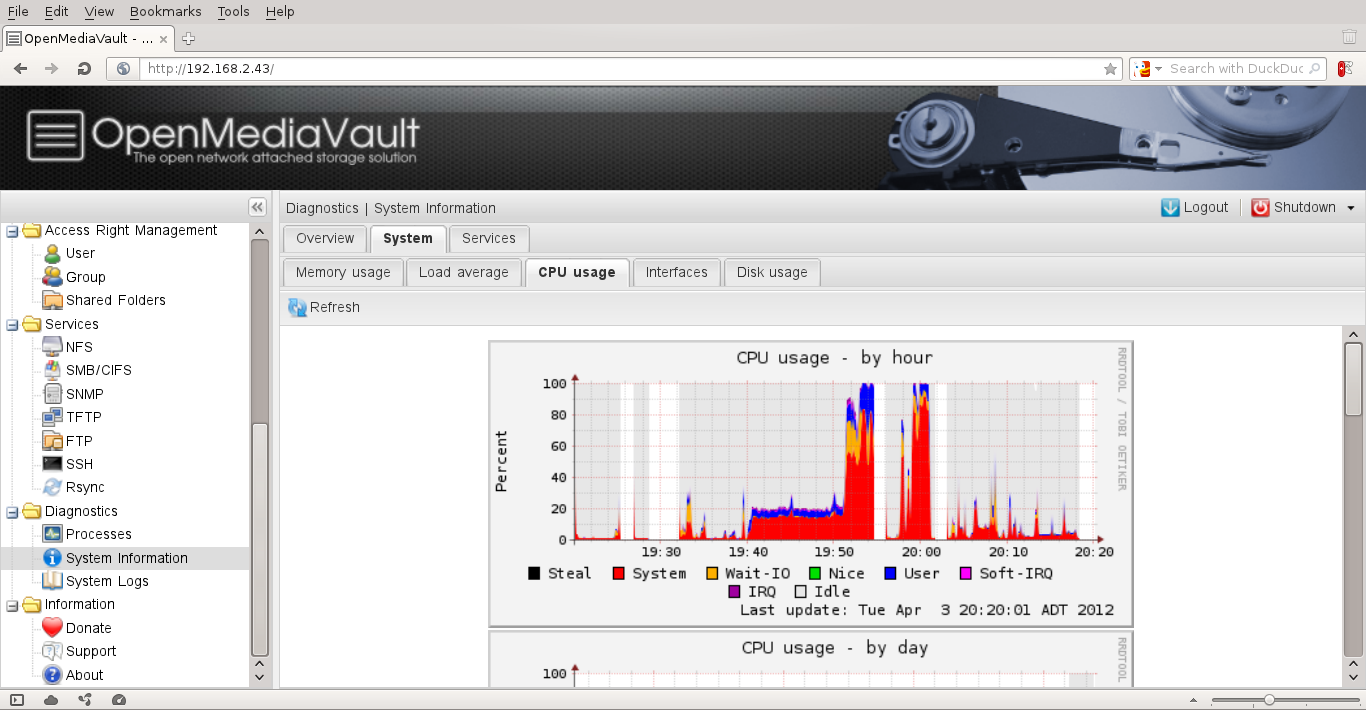 OpenMediaVault desktop screenshot: 0.2.5 monitor