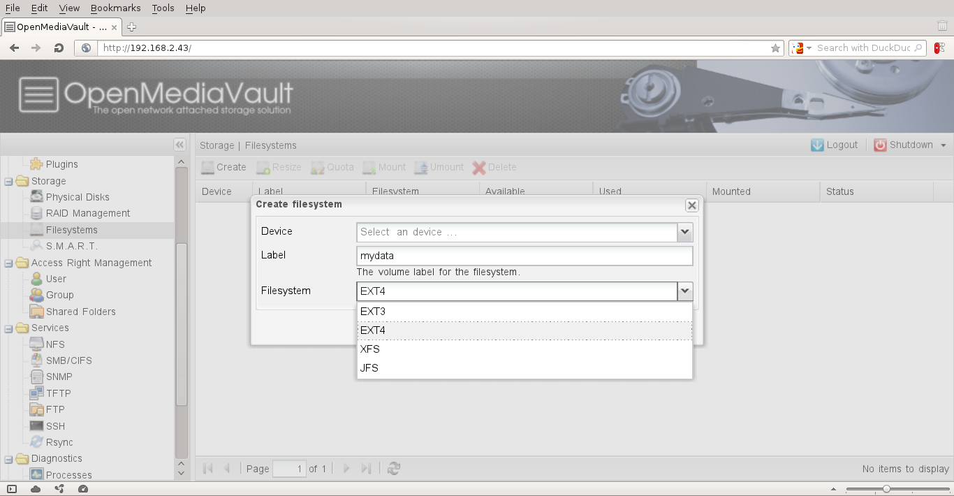OpenMediaVault desktop screenshot: 0.2.5 storage