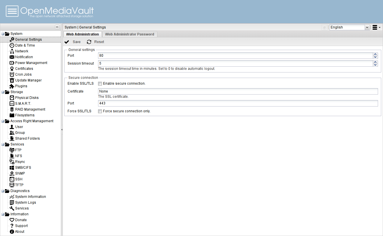 OpenMediaVault desktop screenshot: 0.5.0.24